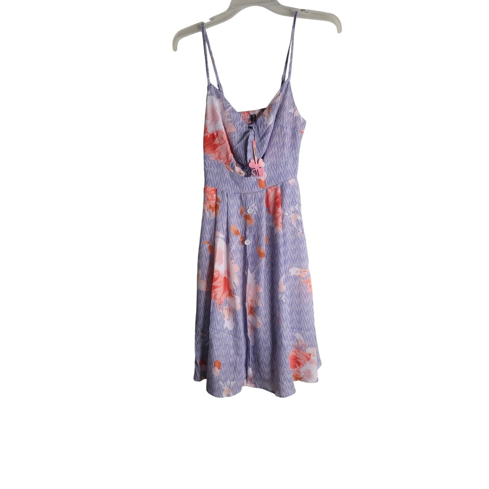 Fancyinn Womens Floral Striped Sundress Blue Orange Cutout Smocked Back Size XS